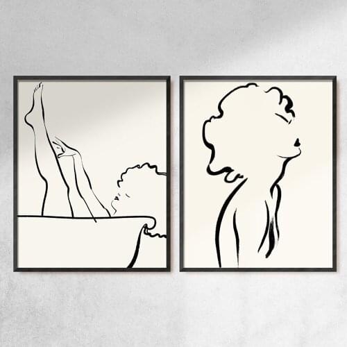 Nude Line Art Print Wall Art Black Woman Female Figure Minimalist Drawing Girl In Bathtub Feminist Natural Hair Canvas Painting