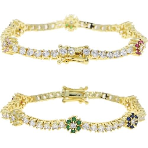 Wholesale 3mm cz tennis chain bracelet bangle with colorful cz paved flower charm tennis bracelet for women lady wedding jewelry