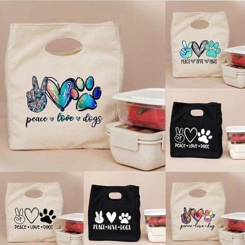 Peace Love Dog Paw Print Functional Pattern Cooler Lunch Box Bag Portable Insulated Bags Thermal Food Picnic Pouch for Women Kid