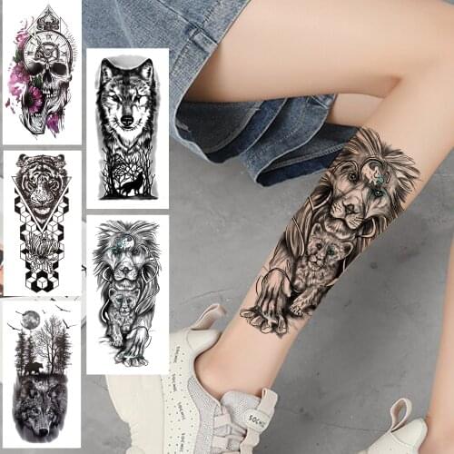 Realistic Fake Lion Temporary Tattoo For Women Men Adult Black Forest Tiger Tattoo Sticker Wolf Death Skull Animal Tatoos Thigh