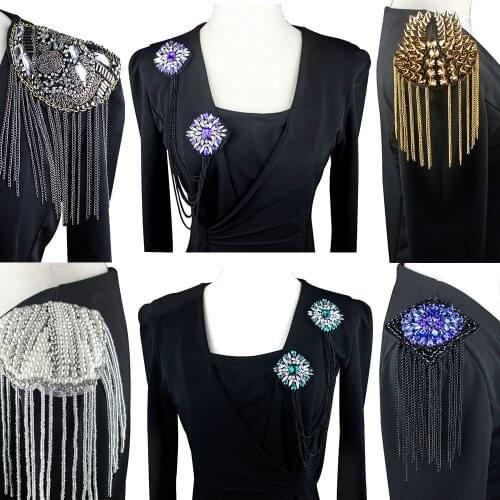 Handmade Rhinestones Bead Epaulette Jewelery Chain Tassel Big Shoulder Epaulet Epaulettes Badge Accessories Sewing Supplies 2pc