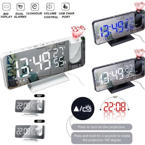 LED Digital Projection Alarm Clock With Temperature And Humidity FM Radio Mirror Clock Snooze Dimmer Ceiling Projector Clock