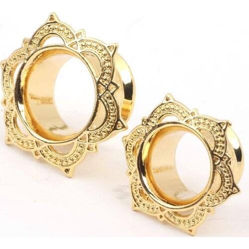 2pcs Fashion Ear Plugs Tunnels Piercing stainless steel flower ear Stretcher Gauges expansion Hollow Body Jewelry for women men