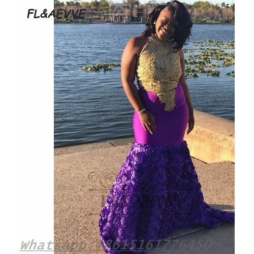 2021 Mermaid Evening Dress Gold Lace Applique Handmade Flower South African Floor Length Black Girls Evening Party Gowns