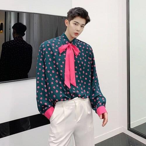 Spring summer men fashion floral pink bow tie vintage shirt mens contrast color long sleeve shirts oversize casual green blouse