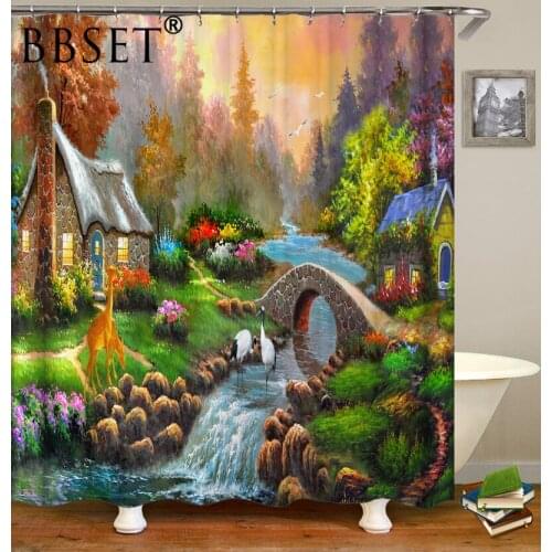 Watercolor Scenic Shower Curtain Cabins and Animals In The Forest Pattern Waterproof Multi-size Douchegordijn Bathroom Decor