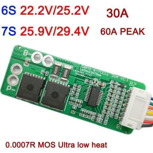 6S 7S 25.2V 29.4V 30A Li-ion Lithium Battery Protection Board 60A peak lipo BMS 18650 cells mos for car washer electric drill