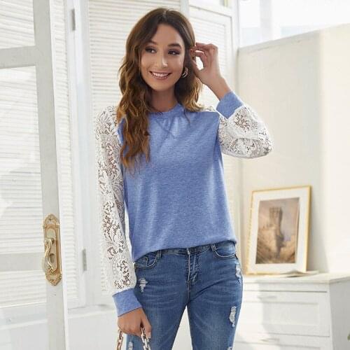 New 2021 Autumn Women Long Lace Sleeve Patchwork Hollow Out Shirts Fashion Casual O-Neck Ladies Knit Blouse Loose Pullover Tops