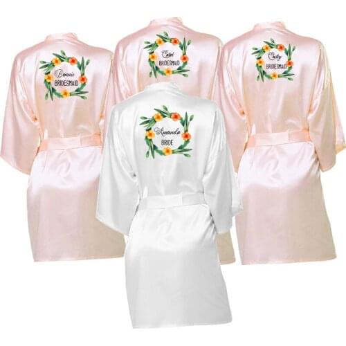 Custom Name Flower Print Women Pajamas Robe Bride Bridesmaid Women Satin Robes Kimono Robe Bathrobe