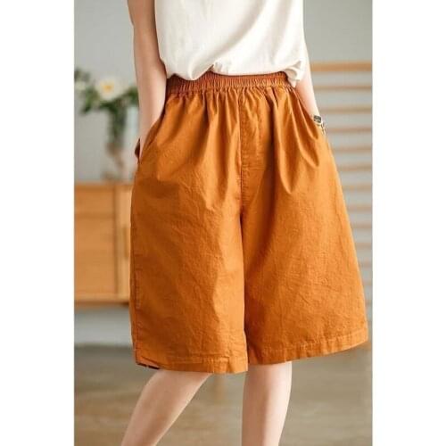 2021 Summer New Arts Style Women Elastic Waist Knee Length Cotton Wide Leg Pants All-matched Casual Loose Pants Plus Size V353