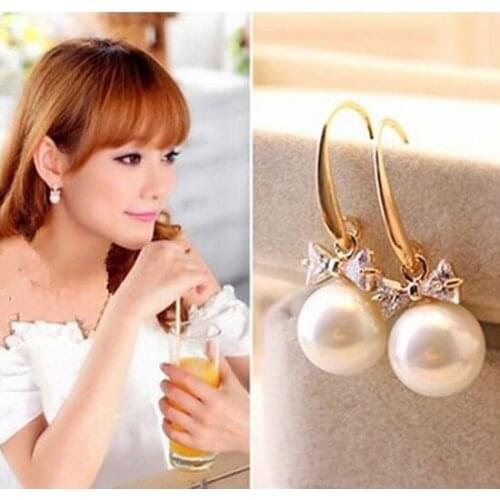 Ex829 Wedding party Fashion Cute/Romantic crystal alloy Bow pearl studs earrings 2021 trend Womens Jewelry Accessories