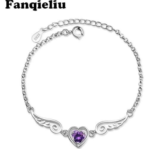 Fanqieliu Extend Chain 925 Sterling Silver Bracelet Women Blue Crystal Heart Angel Wings Charm Bracelets For Woman FQL20263