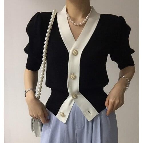 French Retro V-neck Black White Contrast Single Breasted Sweater Cardigan Women 2021 Summer Casual Korean Slim Crop Tops Street