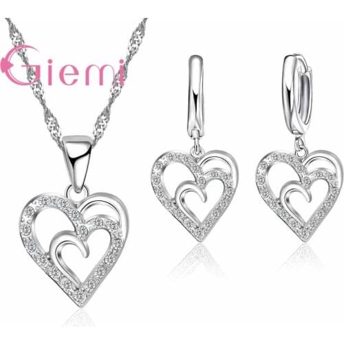 Sweet Romantic Love Shape Crystal Stone Necklace Earrings 925 Sterling Silver Cubic Zirconia for Women Birthday Gift