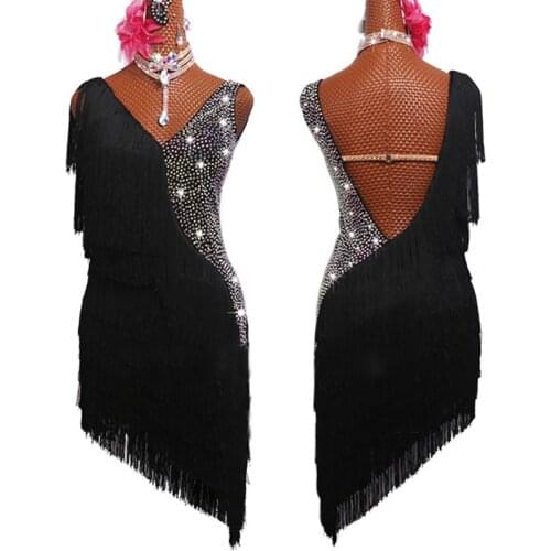 Latin Dress Women Dancing Rhinestone Dress Black Tassels Fringe Dress Rumba Dress Competition Salsa Costume Gatsby Dress BL2539