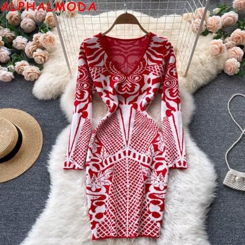 ALPHALMODA Autumn 2021 New National Style Personalized Printing V-neck Long Sleeve Slim Knitted Dress Women