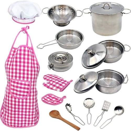 18pcs Toddlers Kitchenware 304 Stainless Steel Pots Pans Children Cookware Kids Pretend Cooking Toys