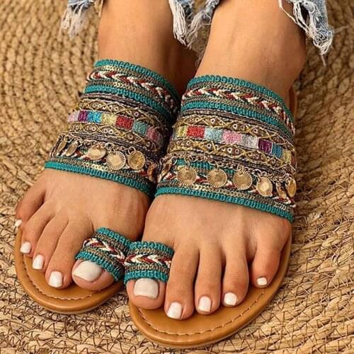 2020 Boho Style Toe Ring Sandals for Women Summer Beach Flip Flop with Cloth Fabric