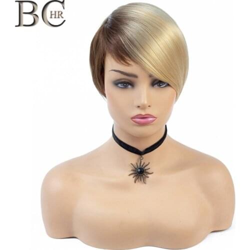 BCHR Short Straight Synthetic Hair Wigs For Women Ombre Brown Blonde Wig Short Bob Wigs High Temperature Fiber