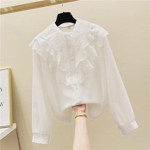 Shirts Blouses Women Fashion Casual Tops Female Lace Doll Collar White Loose Long Sleeve Blouse Ol Style Shirt Simple Top