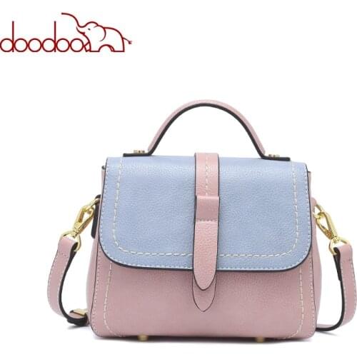 DOODOO Women Handbag Female Shoulder Crossbody Bags Ladies Pu Leather Top-handle Messenger Bags Stitching Color Belt Decoration