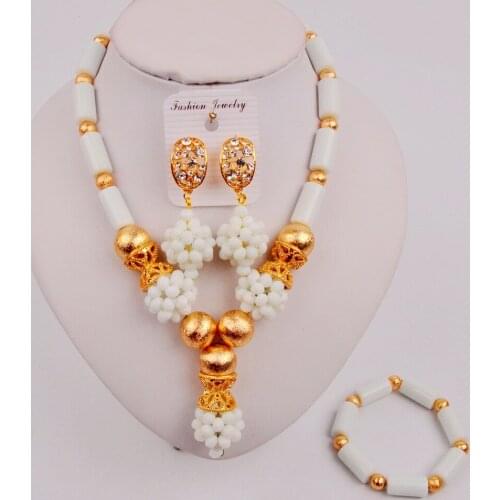 Pretty Nigerian Traditonal Wedding Set White Costume Necklace African Beads Jewelry Set ZQ2-4