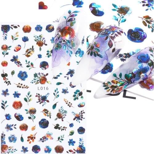 Gradient Laser Hyun Color 3D Nail Stickers Blue Leaves Flower Flame Doji Nail Decal Shiny Slider Manicuring Foil Decor LEL015-22