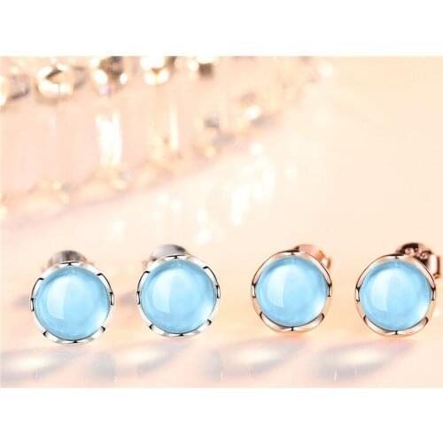 Exquisite Silver Plated Round Blue Crystal Stud Earrings Girls Daily Earrings Birthday Banquet Gifts Bridal Lovers Jewelry