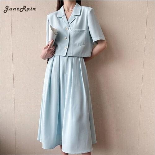 JuneRain 2021 Women Blazer A Line Skirt 2 Pieces Set OL Skirt Suit Vintage Single Breasted Short Blazer Jacket Sets Blue White