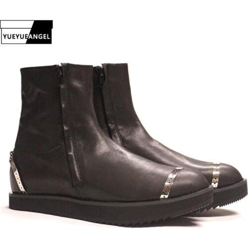 Classic Retro Genuine Leather Boots Men Winter Black Double Zipper High Top Booties Top Quality Round Toe Cowboy Botas Masculina