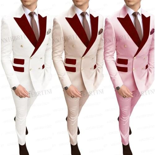 Golden Buttons Men Suits Set Custom Made White Groom Wedding Suit Tuxedo Burgundy Velvet Lapel Blazer Business Wear Jacket Pants