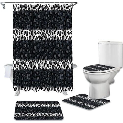 Leopard Print Black White Striped Print Shower Curtain Toilet Seat Cover Set Wc Accessories Mat Bathroom Decor Bath Curtains
