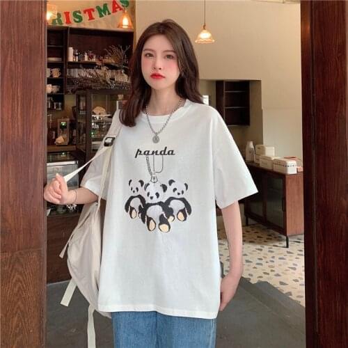 Summer school style panda print half-sleeved mid-length loose cotton T-shirt all-match casual women