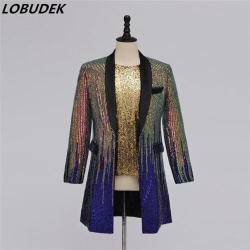 Multi-color Sequins Stripes Suits Jacket Long Coat Men Singer Host Magician Evening Party Stage Performance Blazers Plus Size