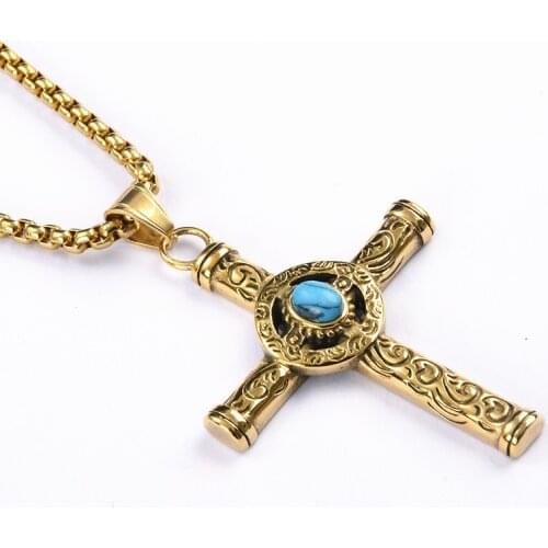 Retro Natural Blue Turquoises Cross Pendant Necklace Men Vintage 316L Stainless Steel Religious Jesus Crucifix Male Jewelry