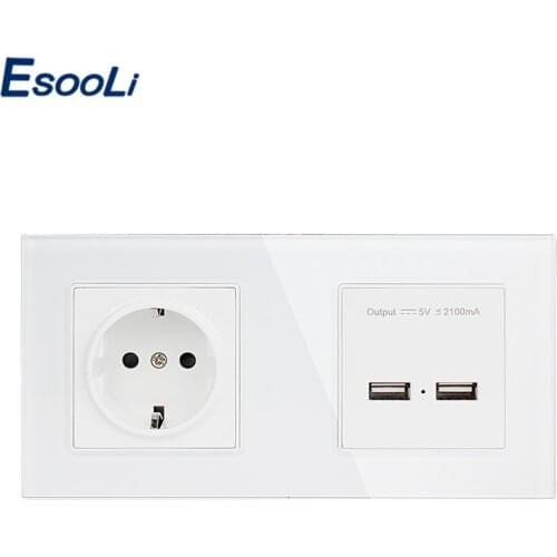 Esooli Wall Crystal Glass Panel 2 Gang Power Socket Grounded 16A EU Electrical Outlet With Dual USB Smart Charging Port 5V 2A