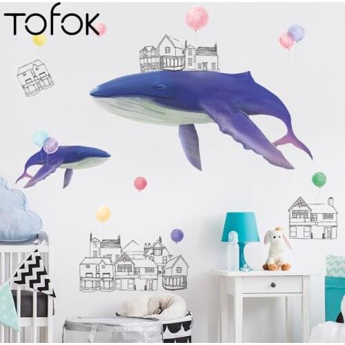 Tofok PVC Purple Whale House DIY Wall Stickers Decoration Home Children Room Nursery Dorm Cartoon Animals Mural Decal Wallpaper