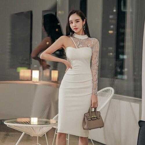 New arrival fashion party night club dress women spring OL temperament sexy perspective strapless white slim pencil dress