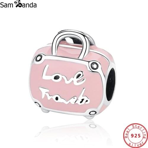 Authentic 100% 925 Sterling Silver Bead Charm Pink Love Travel Bag Charms Fit Original Bracelets Women DIY Jewelry