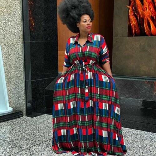Autumn Winter Clothes African Maxi Dress Long Sleeve High Waist Buttons Plaid Dress Dashiki African Dresses For Women 2021 4XL