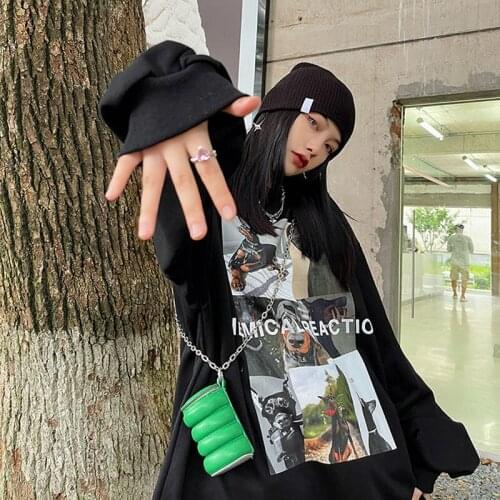 Autumn Loose Cool Streetwear Black White Harajuku Tops Cool Kpop Fashion Loose Womens High Street New BF Punk Sweatshirts