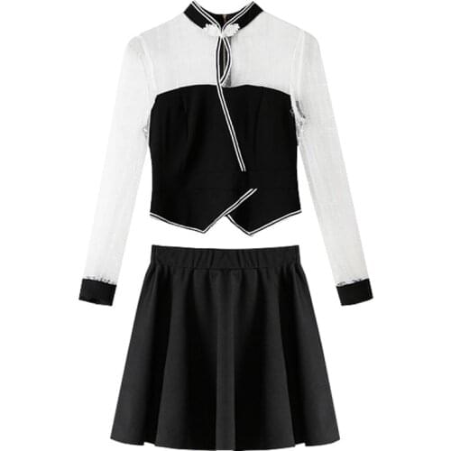 PERHAPS U Women Black Mesh Patchwork Zipper Shirt Empire Mini A-line Skirt Elegant Two Pieces Set T0315