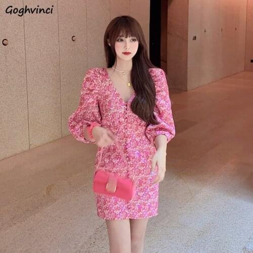 Dress Women Pink Floral Puff Sleeve Fashionable Female Summer Sundress Abdomen Sexy High Street Holiday Party All-match Mini