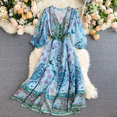 Autumn Women Dress Chiffon Indie Folk Printed V-Neck Long Sleeves Swing A-line Long Dress Ladies Casual Trend Flower Dress