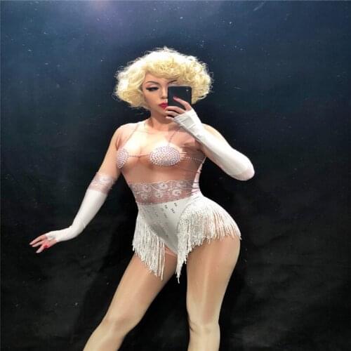 S96 White tassel bright stones Bodysuit ballroom pole dance costumes Rhinestones jumpsuit women Catwalk stage wears dress party
