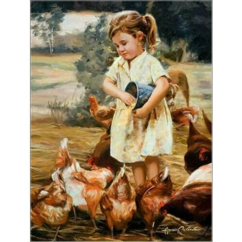 Counted Cross Stitch Kits Needlework Embroidery - Crafts 14 ct Aida DMC Color DIY Arts Handmade Home Decor - Little Girl Feeding