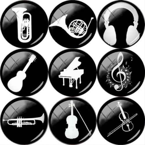 TAFREE 5pcs Music instrument Silhouette 25mm Round Glass Cabochon DIY Cameo Pendant Settings For Keychain Necklace Earrings