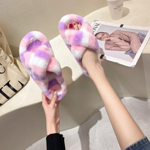 Warm Fluffy Slipper Women Cozy Faux Fur Indoor Floor Slides Flat Soft Furry Shoes Ladies Female Celebrities Flip Flops Wholesale