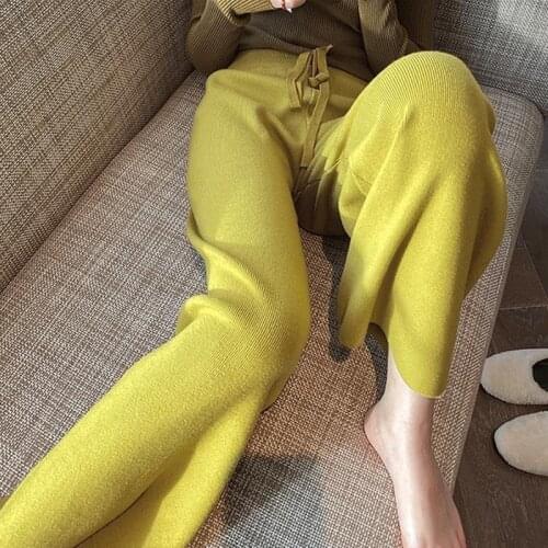 Knitted Wide-leg Pants Womens Autumn and Winter All-match High Waist Drape Feeling Thin Loose Casual Straight Mopping Trousers