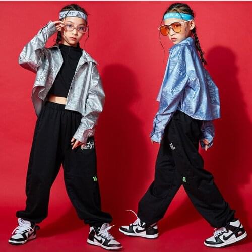 Hip Hop Girls Crop Short Jacket Street Dance Fashion Top Kids Cool Jazz Casual Sequin Long Sleeve Shirt Teen Clothes Streetwear